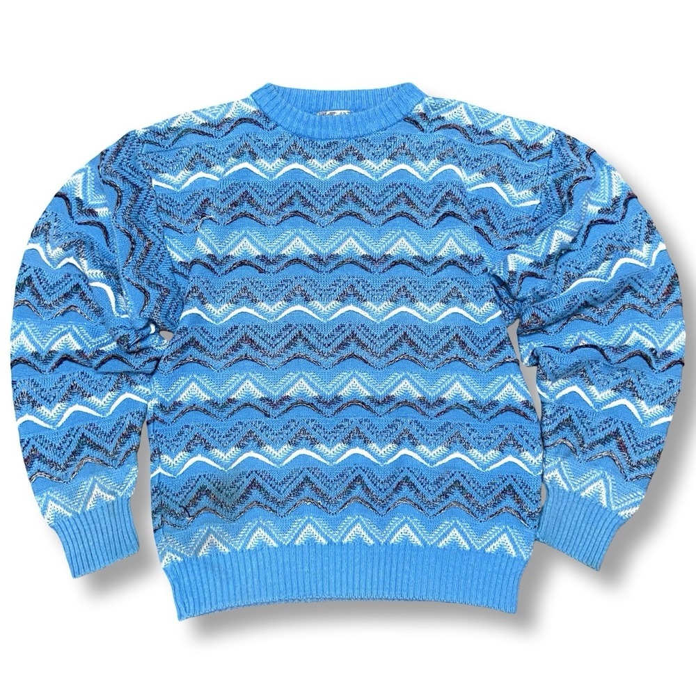 City Streets Vintage Knit Sweater Size Large Blue Zig Zag Pattern 90s Crewneck